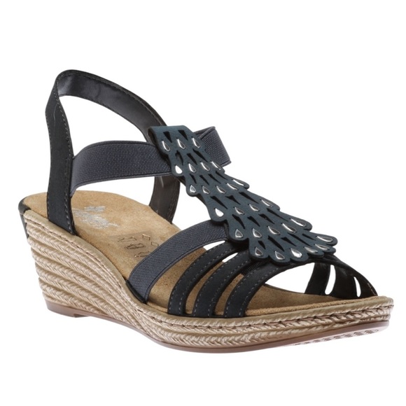 Rieker Pacific Blue Fanni Wedge Sandals with Edgy Cut-Out Design SZ 8.5 EU 39 - Picture 2 of 11